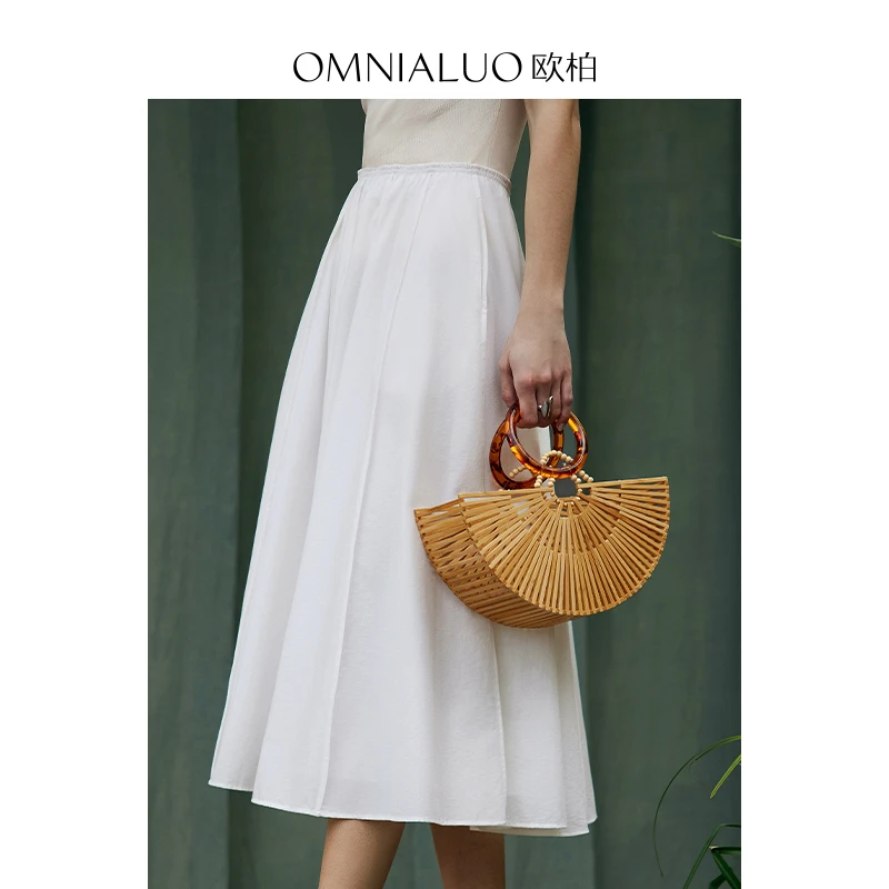 欧柏兰奴高端长绒棉白色半身裙女高腰2025夏新显瘦中长款A字伞裙