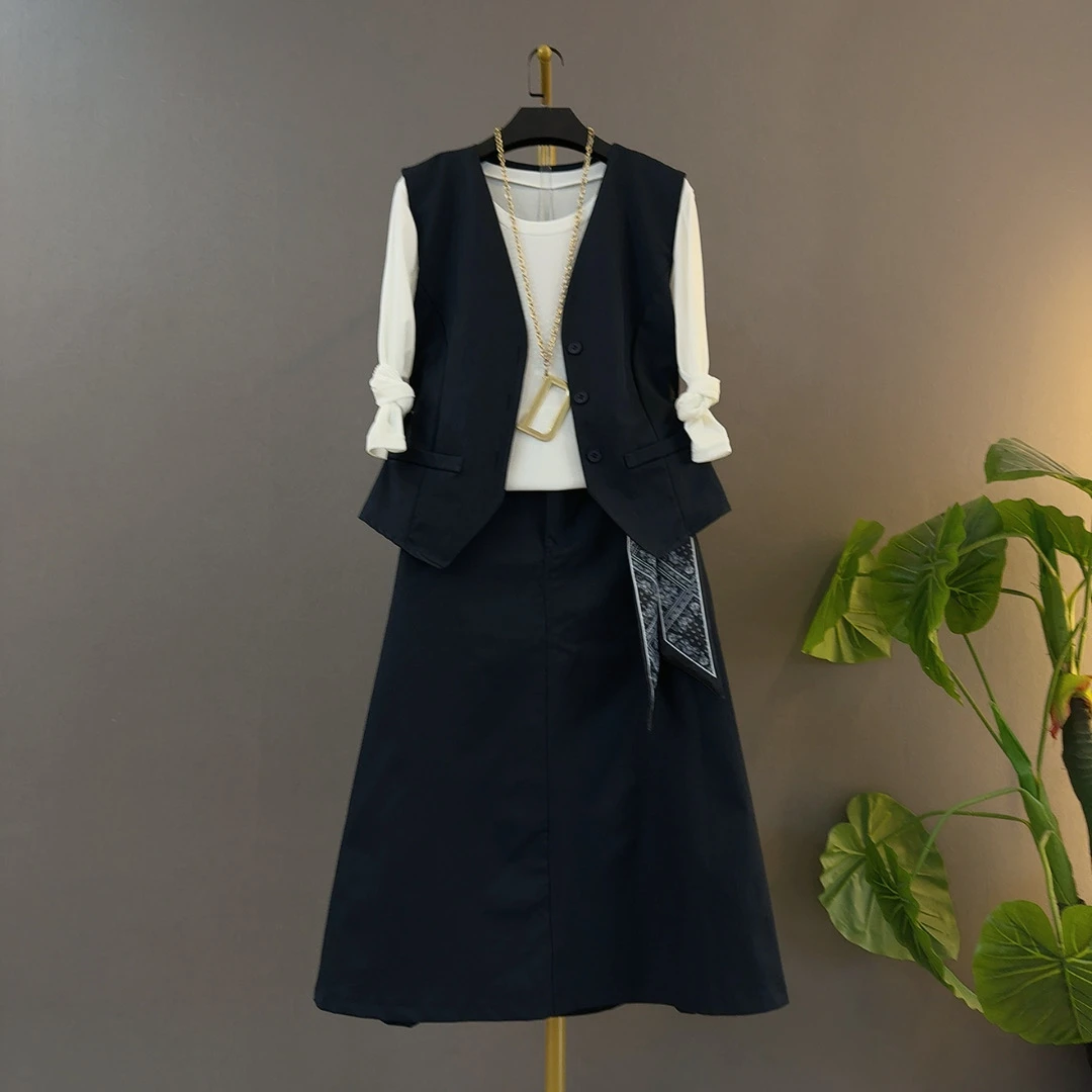 早秋新款简约气质蝴蝶结马甲衫半裙遮肉显瘦洋气大码女装三件套