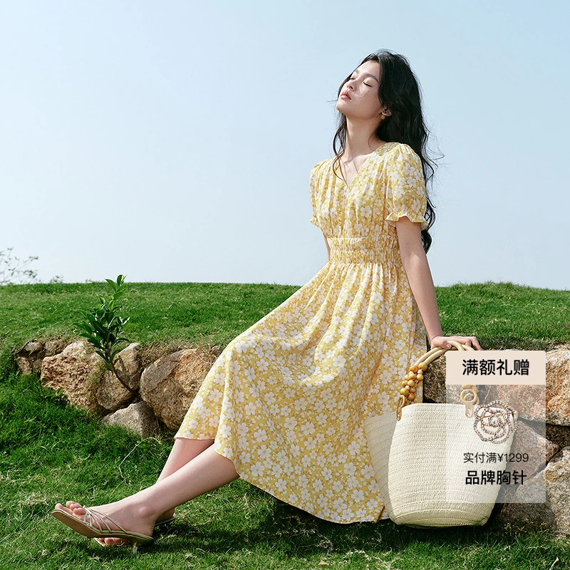 【风吹麦浪】商场同款25新珂莱蒂尔碎花显瘦气质时尚秋季连衣裙