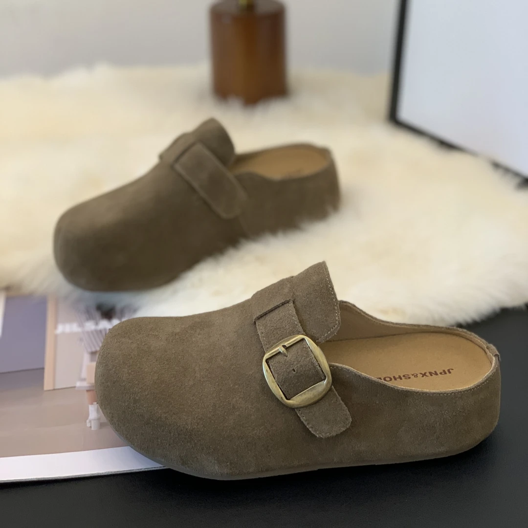 磨砂包头半拖女2025秋季后空勃肯鞋复古皮带扣懒人一脚蹬时尚休闲