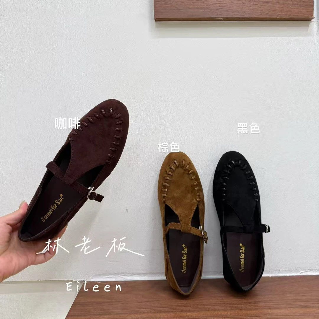 法式尖头玛丽珍鞋女款复古软底平底丁字扣绒面赫本风单鞋 3999-2