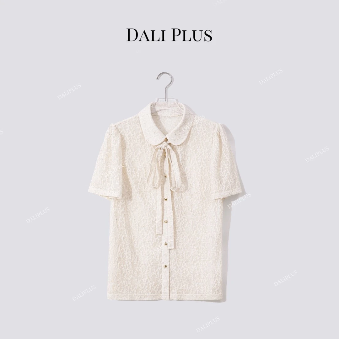 DALI PLUS“清透亚麻珊瑚蕾丝上衣”可拆卸蝴蝶结轻奢衬衫D5LT2094
