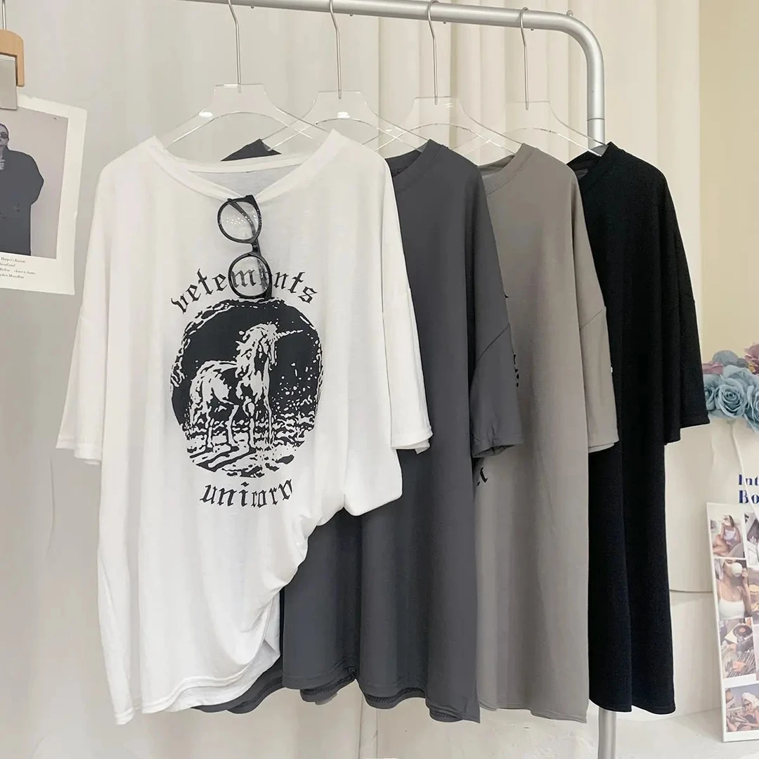 莫代尔美式半袖独角兽印花短袖T恤女夏季宽松慵懒下衣失踪上衣潮