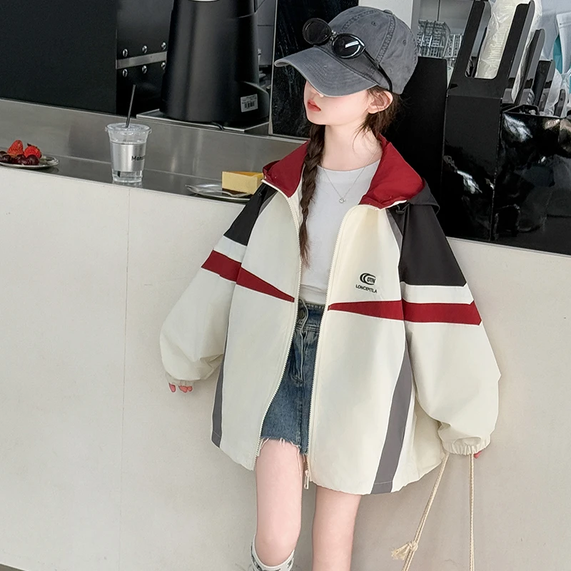 女童连帽外套春秋款2026新款装大儿童韩版洋气夹克女孩拉链衫上衣