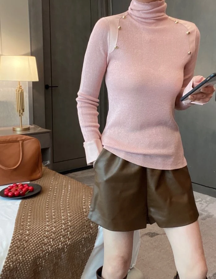 ANYUMO/安妤茉8153肩扣拼皮堆堆领针织套头毛衣打底时尚百搭女