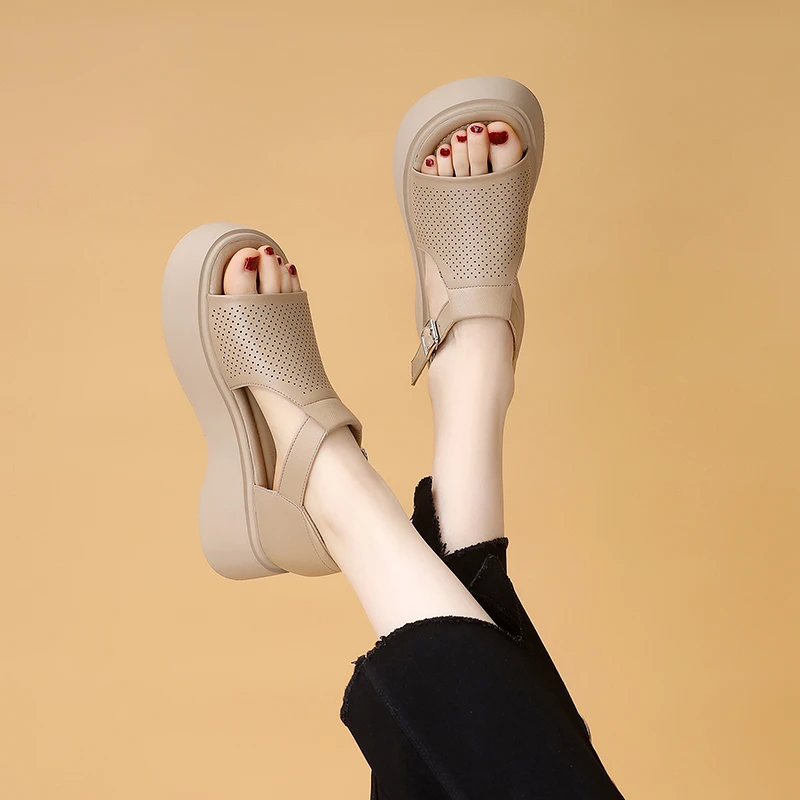 厚底凉鞋女夏季配裙子2025新款真皮露趾罗马凉鞋女士软底沙滩凉鞋