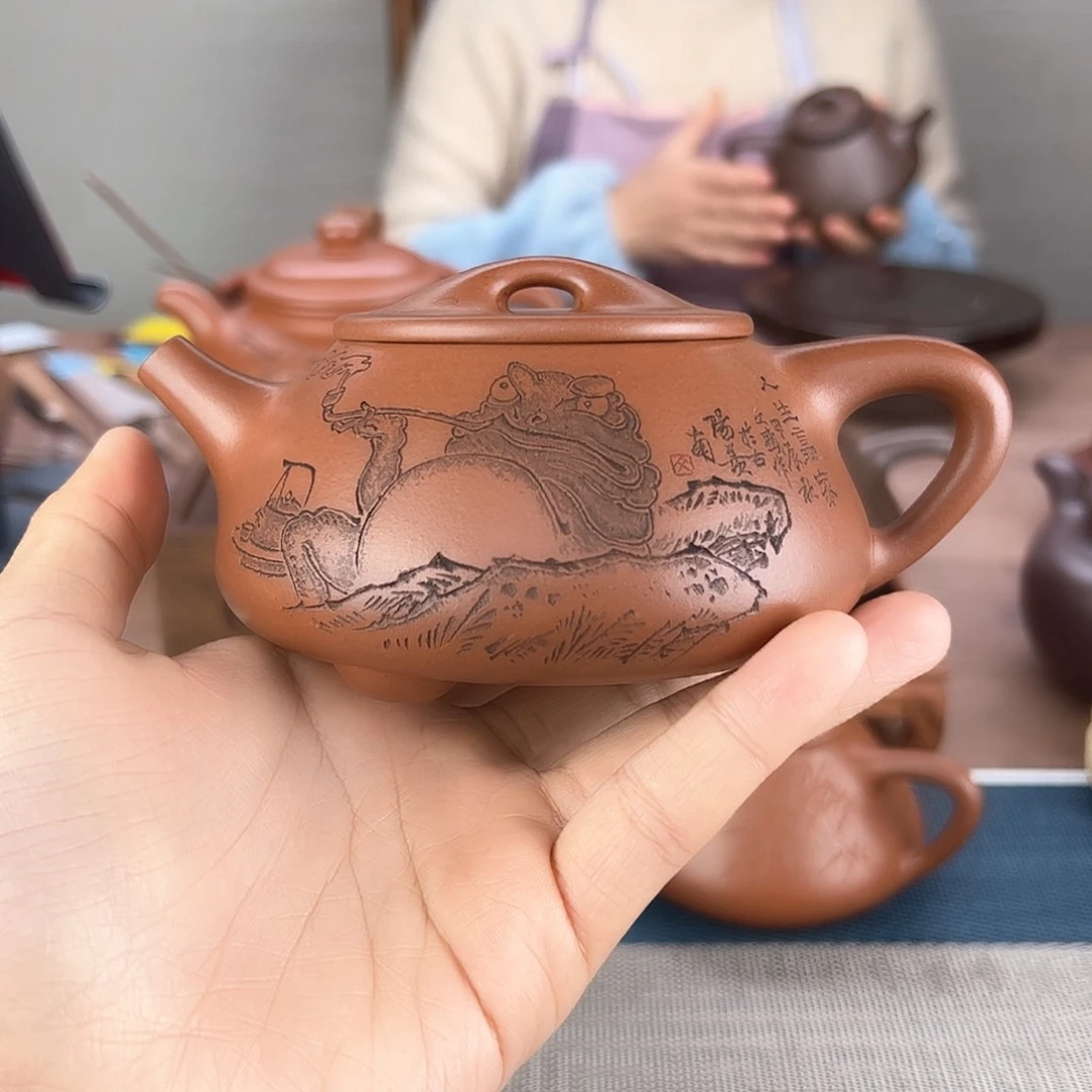 紫砂茶壶景舟石瓢 中槽青 文盛刻