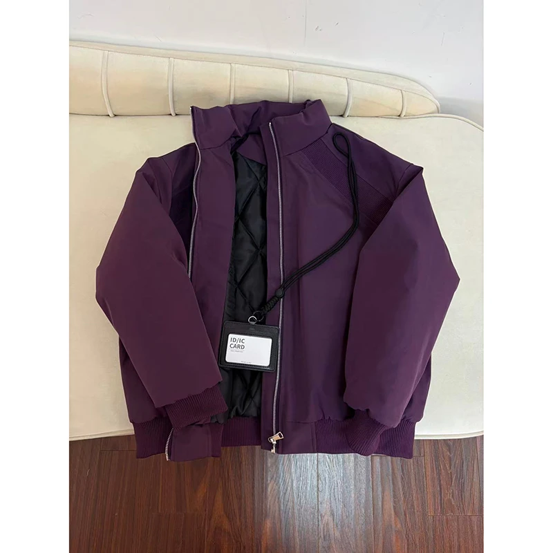 解构拼接立领棒球棉服男款冬季加厚保暖防寒棉衣潮牌美式紫色外套