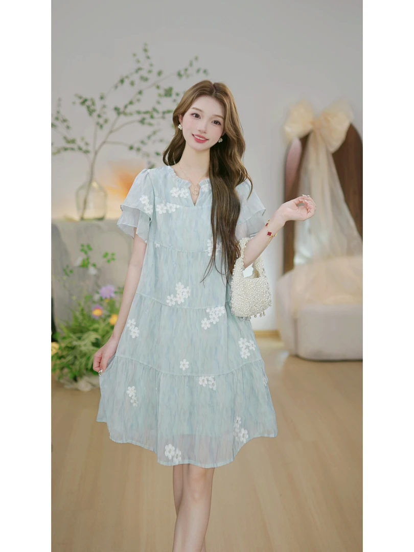 【流光J】梦幻曼波色调刺绣小花显瘦中长裙甜美减龄仙气连衣裙X146