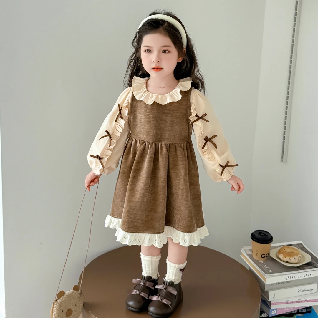 韩版女童秋季洋气咖色蝴蝶结连衣裙套装2025新款儿童时尚两件套潮