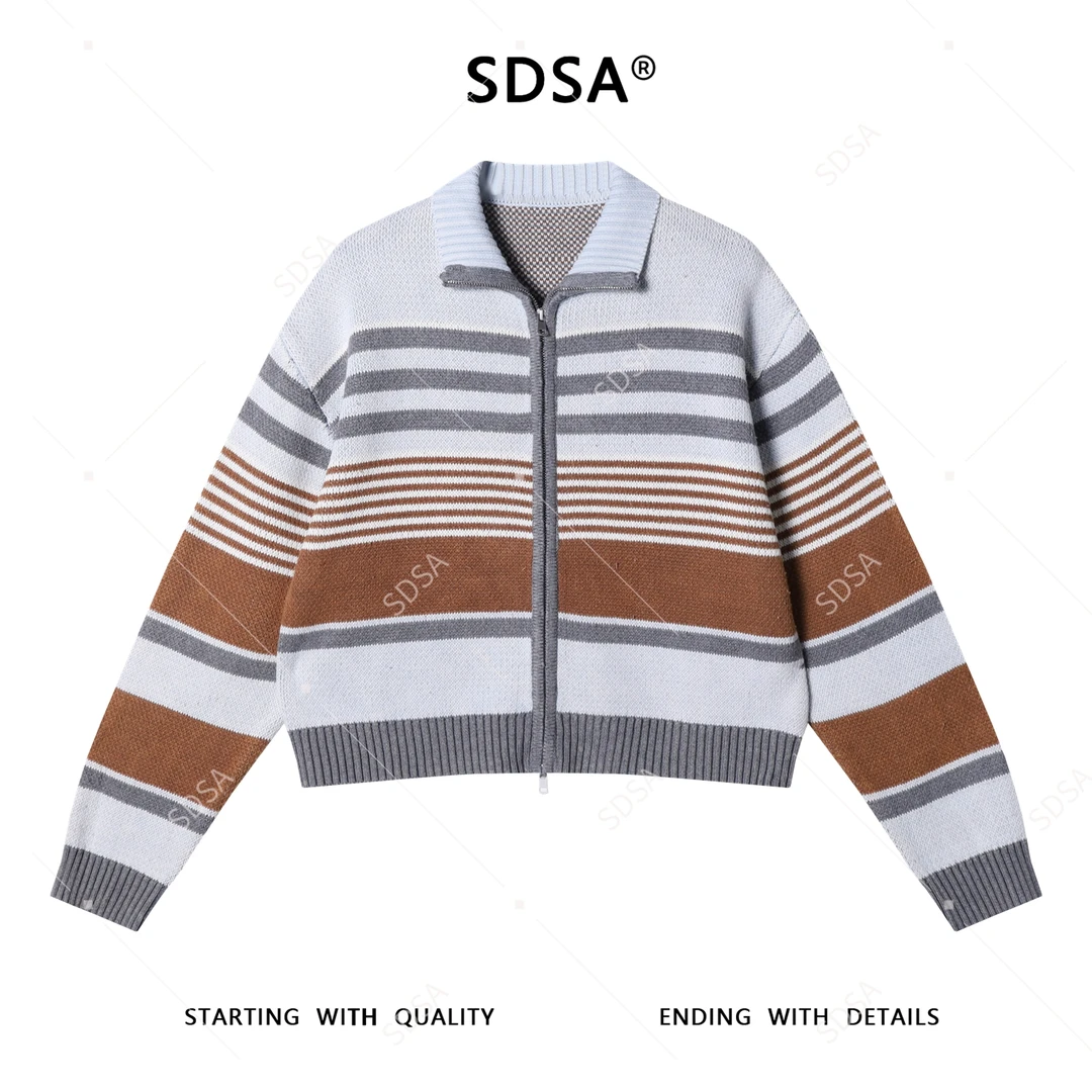 SDSA秋冬新款痞帅男装复古时尚条纹拉链翻领针织衫百搭开衫毛衣