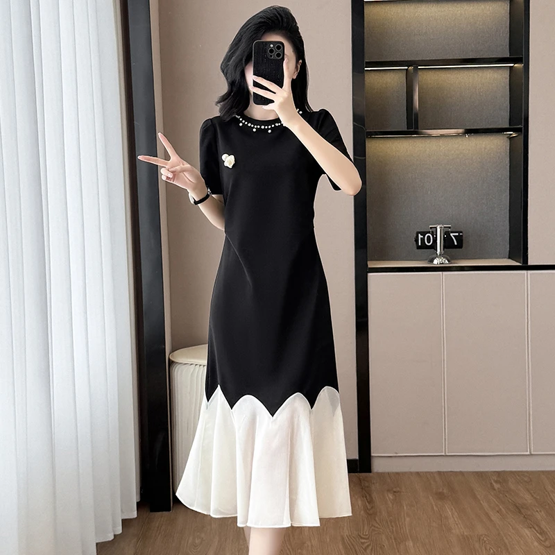 重工钉珠圆领拼接鱼尾连衣裙2025夏季气质收腰百搭显瘦短袖中长裙