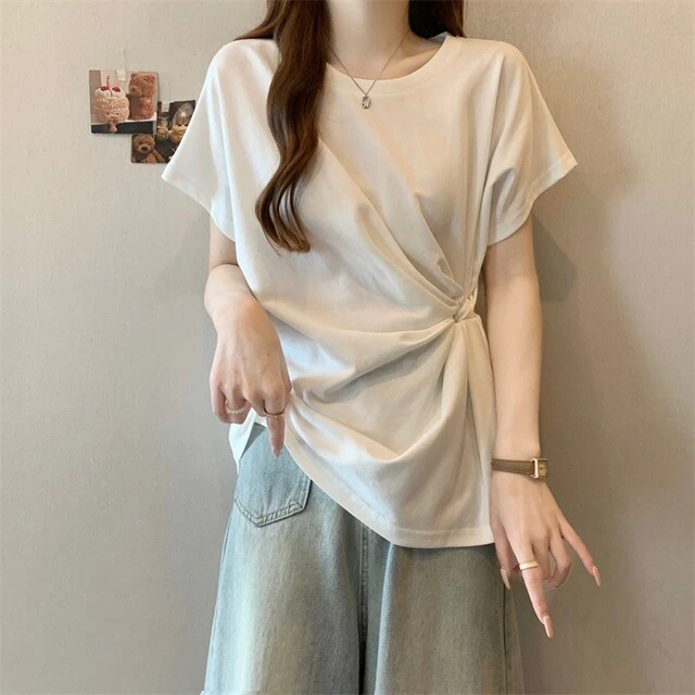 不规则圆领正肩短袖t恤女2025新款夏大洋气高贵上衣微胖女生穿搭t