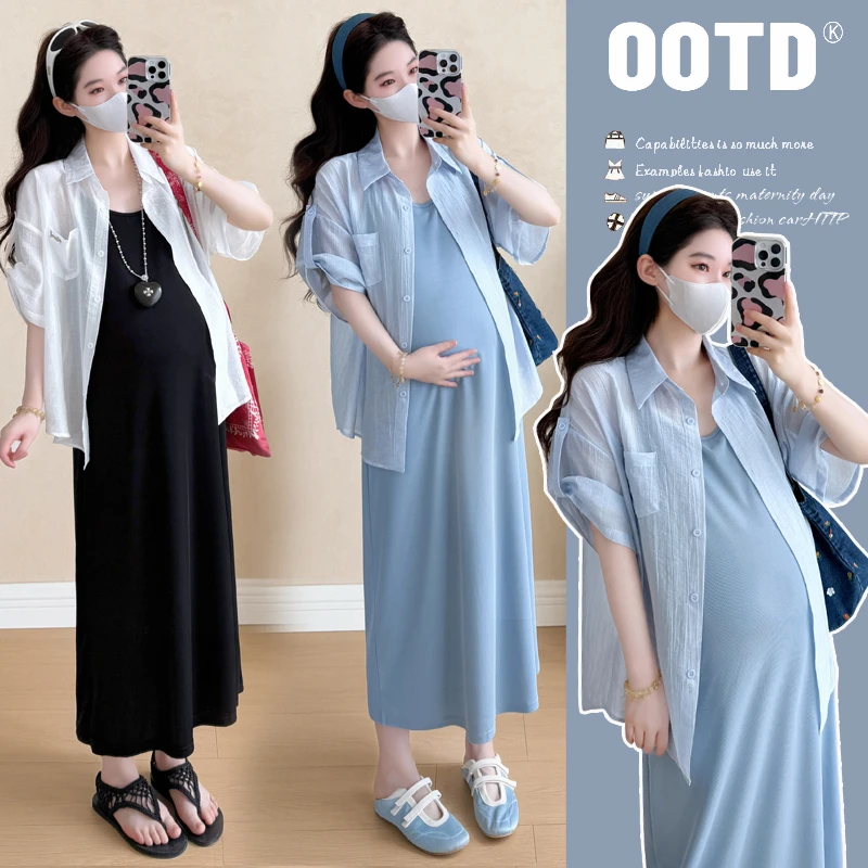 孕妇装夏季新款时尚洋气潮流防晒简约吊带裙天丝面料防晒衬衫冰凉
