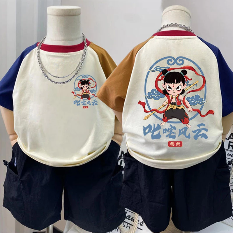 哪吒儿童衣服魔童闹海短袖T恤夏季新款纯棉男女童插肩上衣童装潮
