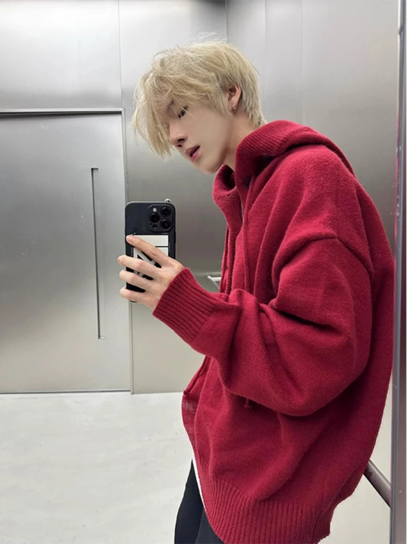 美式复古安可拉红连帽毛衣男秋冬新年氛围感cleanfit针织卫衣外套