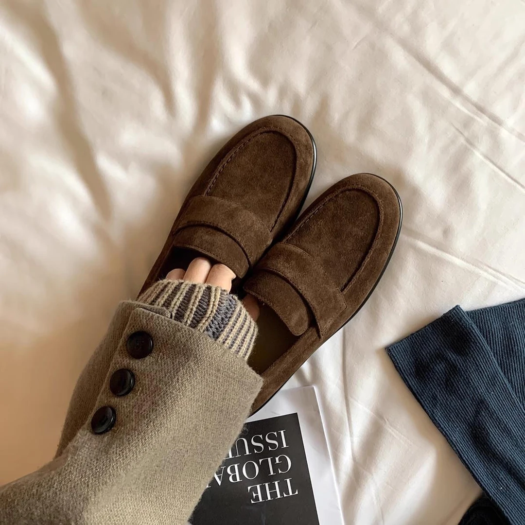 美拉德明星同款靴子底磨砂复古一脚蹬平底单鞋英伦风休闲小皮鞋女