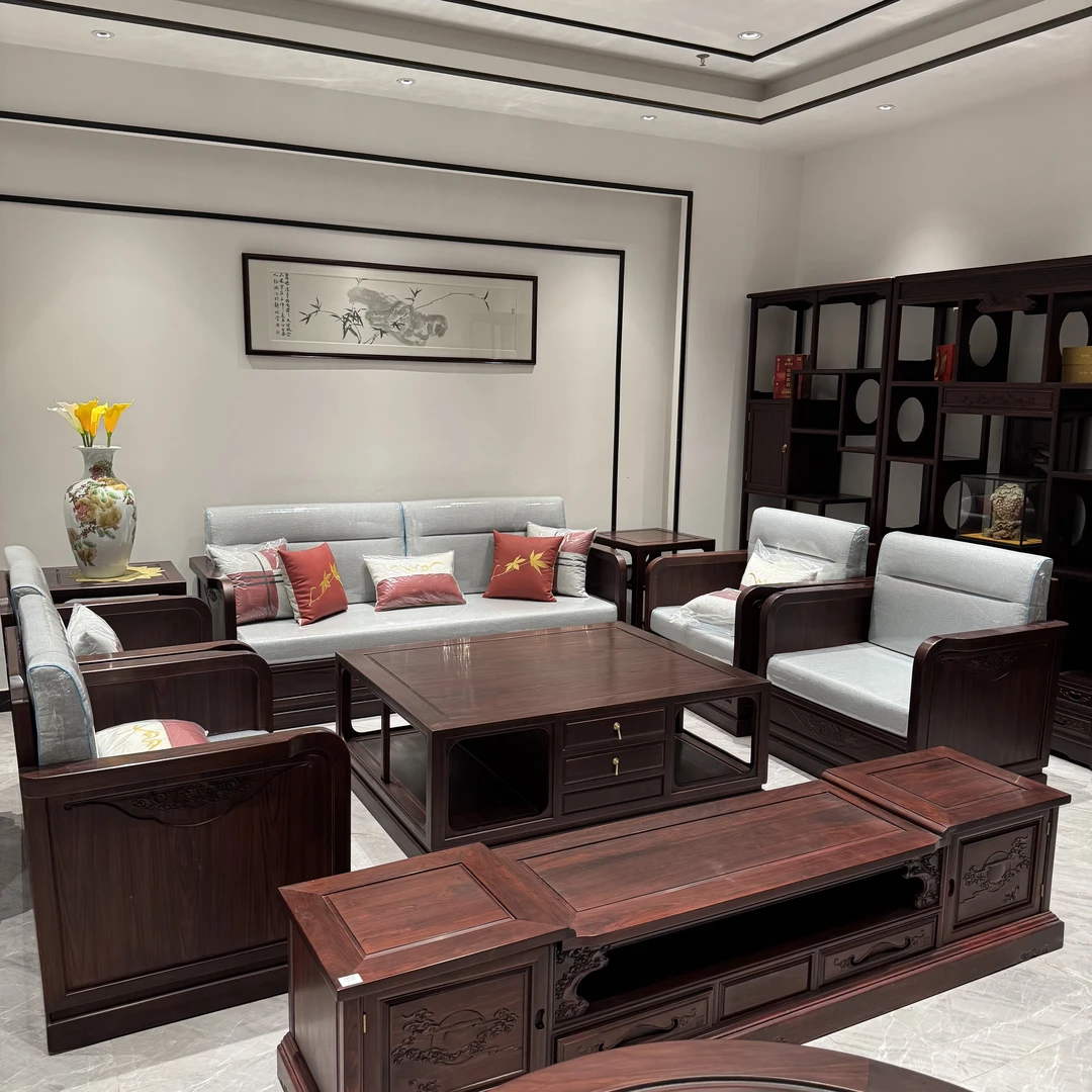 盛世宝座软体沙发11113八件套沙发酸枝木新中式款中小户型 榫卯