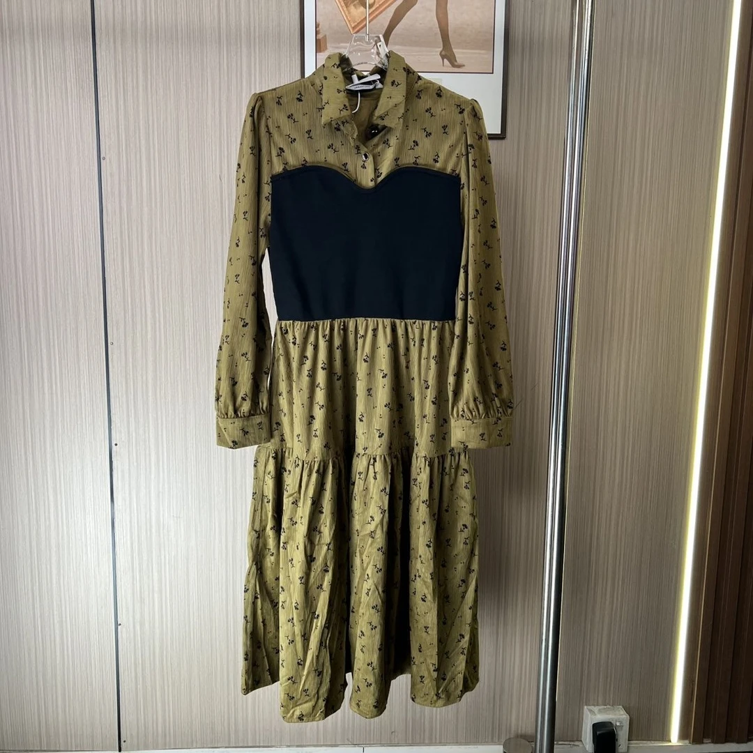 001撤柜GD新款秋冬法式收腰长款连衣裙复古方领碎花长裙拼接