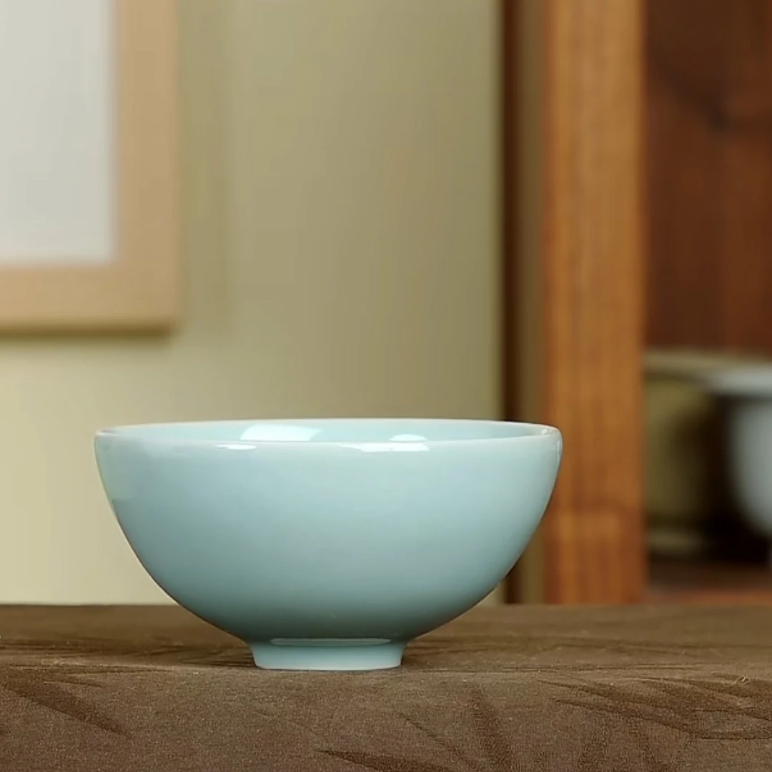 粉青斗笠圆口碗杯茶碗严卫恩龙泉青瓷复古茶具主人杯普洱杯品茗杯