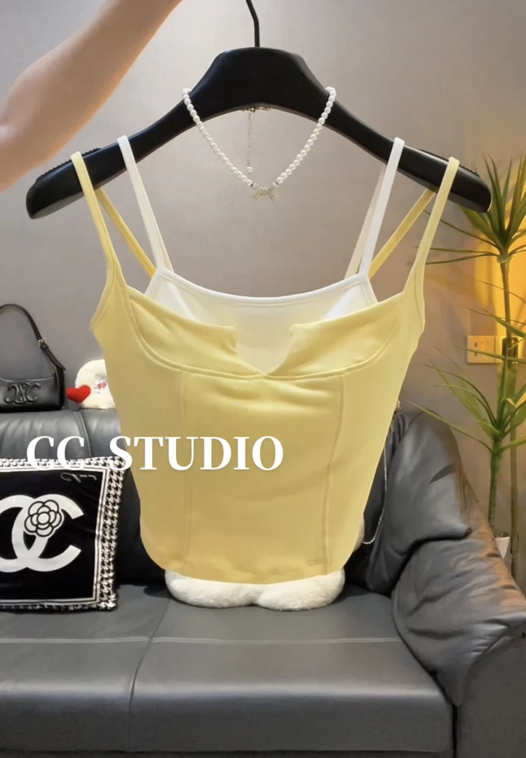 美式撞色假两件吊带背心女外穿夏内搭美背文胸一体内衣带胸垫上衣