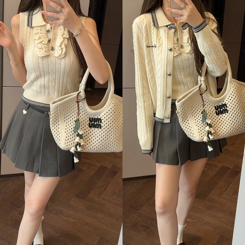 【mimius】喵甜美针织毛衣开衫+Polo领针织背心+裙裤/含腰带WG07036