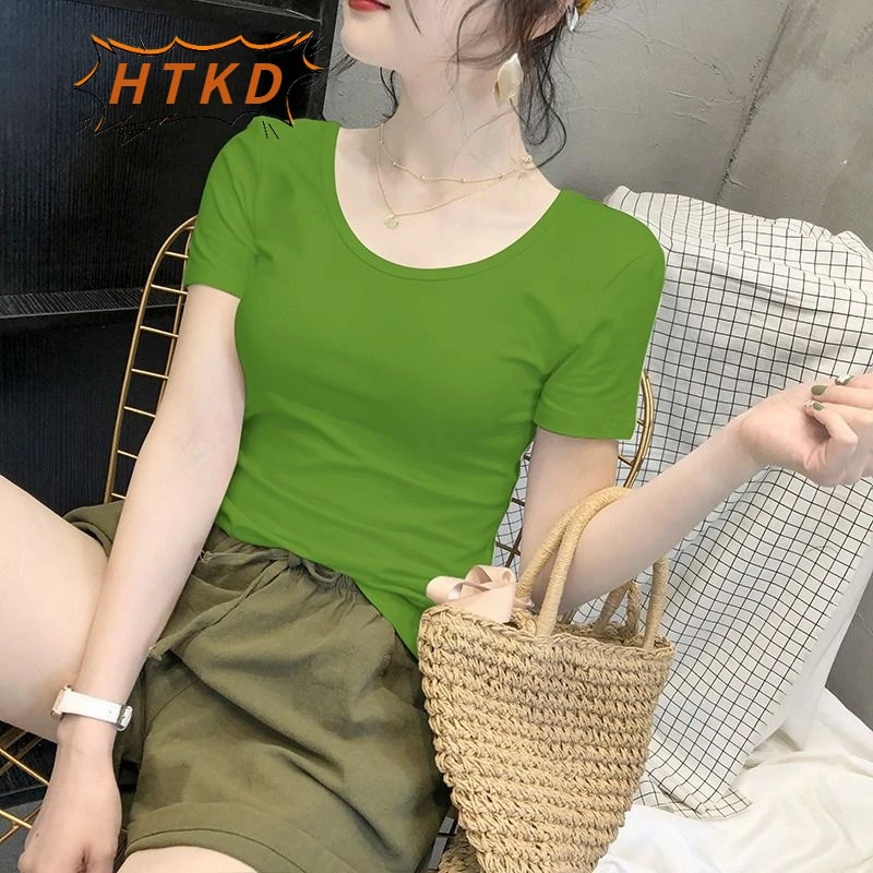 HTKD2025夏季新款洋气果绿色百搭圆领短袖时尚t恤修身显瘦韩版上