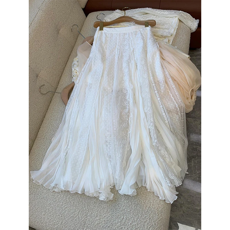 春夏季新设计感重工花边网纱裙a字裙女法式仙女风白色蕾丝半身裙