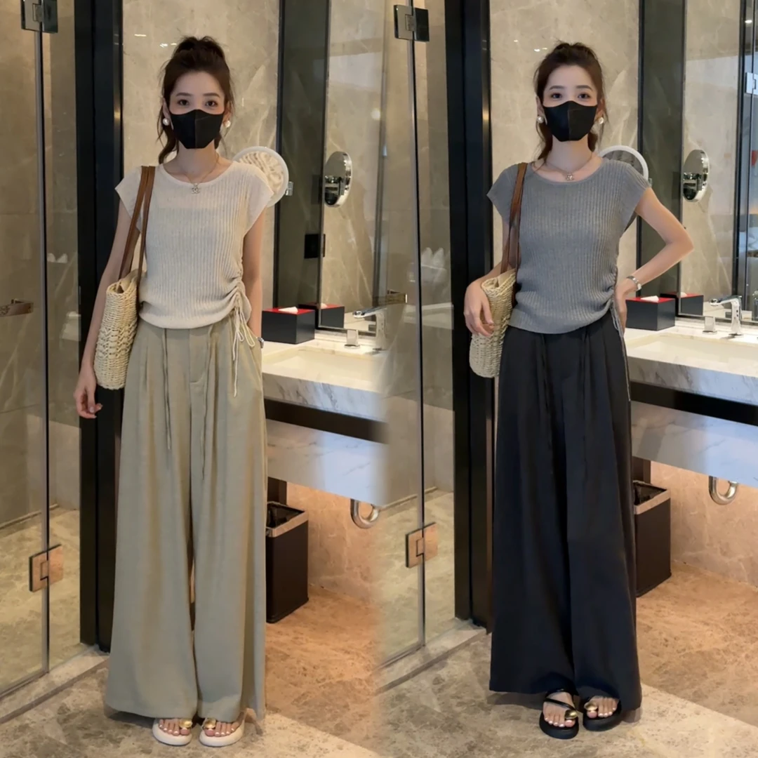 2025夏季亚麻混纺收腰坎肩针织上衣松弛裤高腰休闲裤两件套