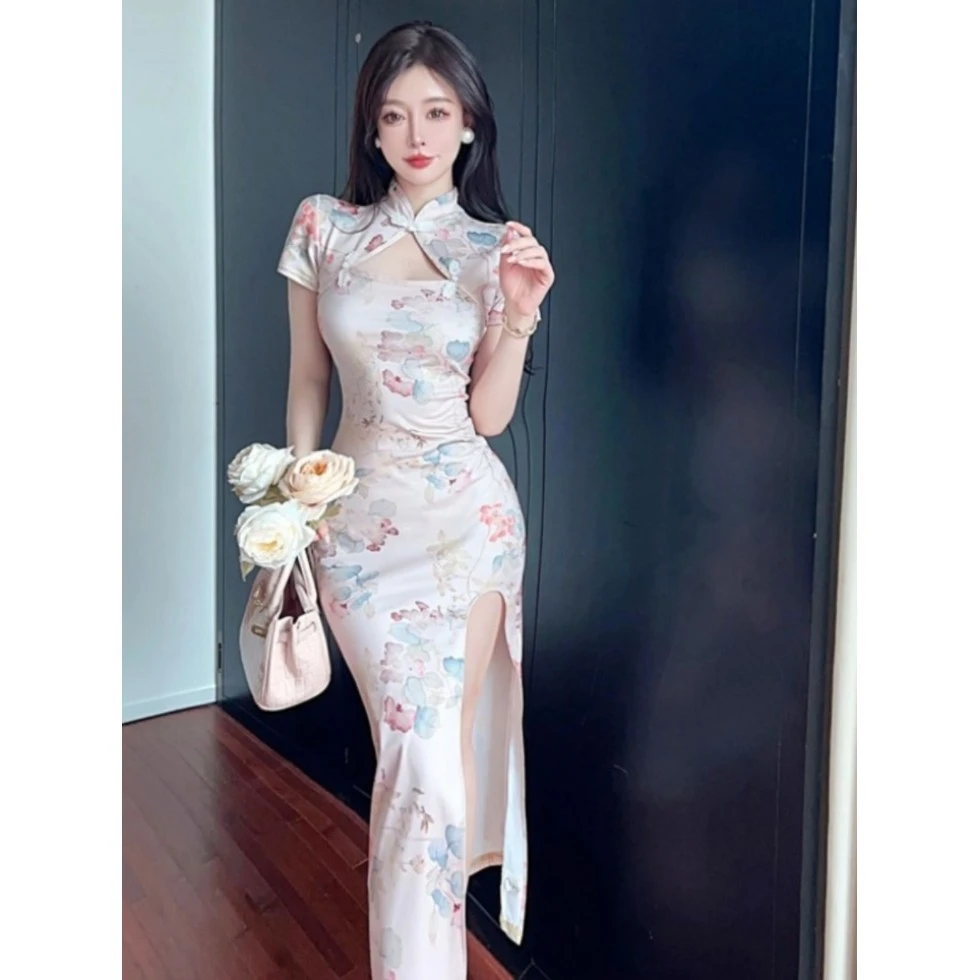 画报夫人日常改良旗袍连衣裙女新款复古印花修身显瘦性感开叉气质