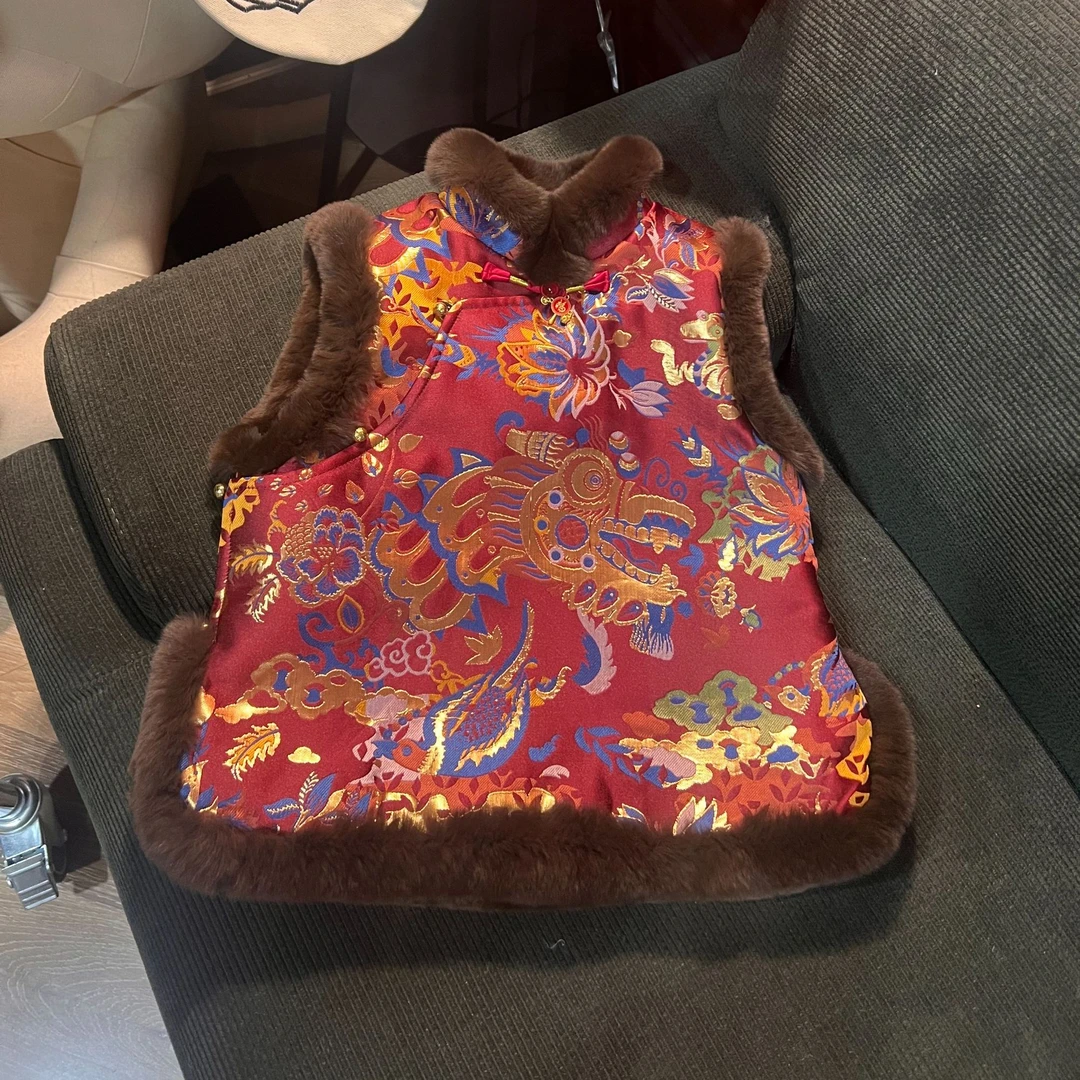 【琨萱】“龙行大运”24男童冬款年款织锦缎金丝提花夹棉马甲AU57S140