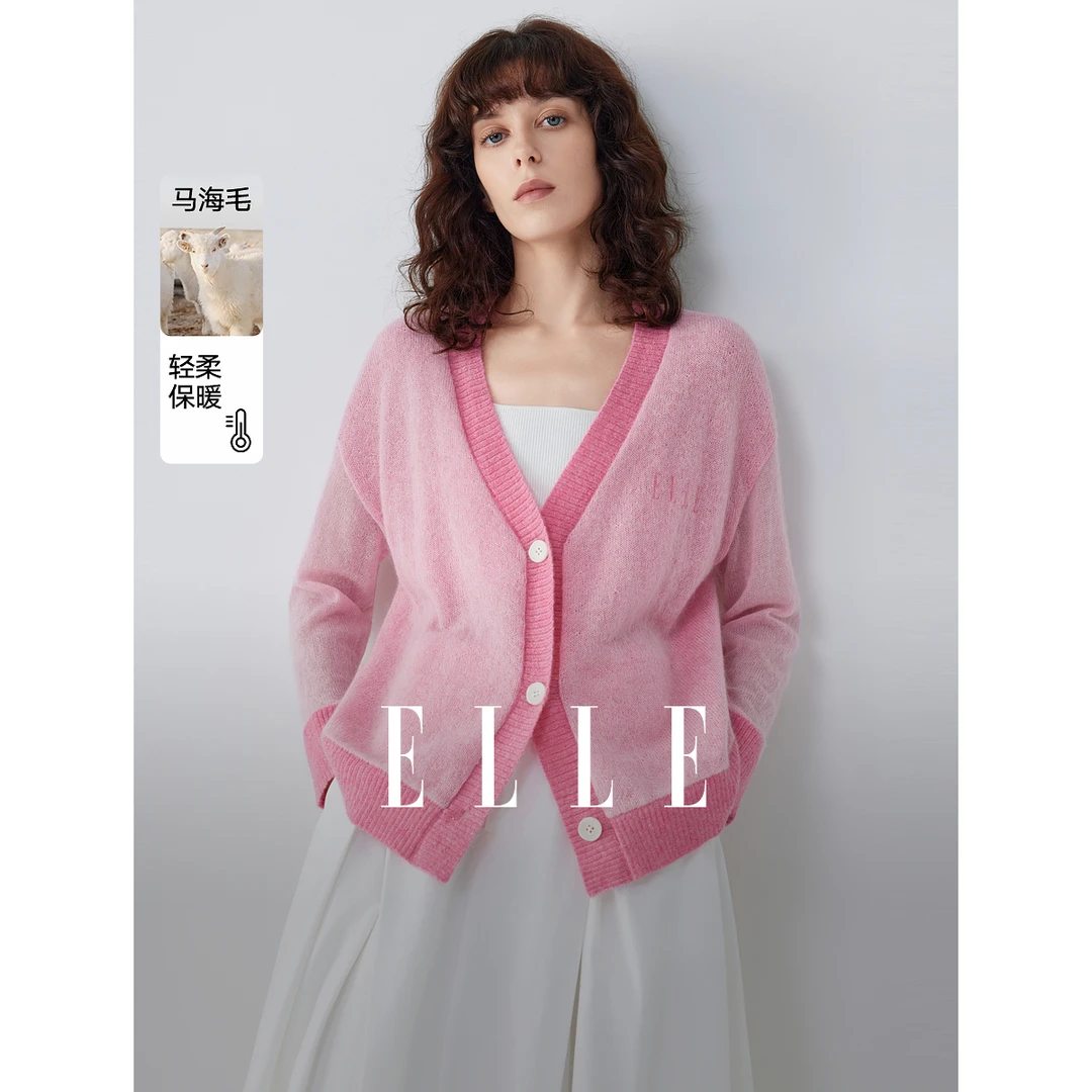 ELLE粉色马海毛绵羊毛针织衫女2025秋季新款休闲宽松毛衣EM52319