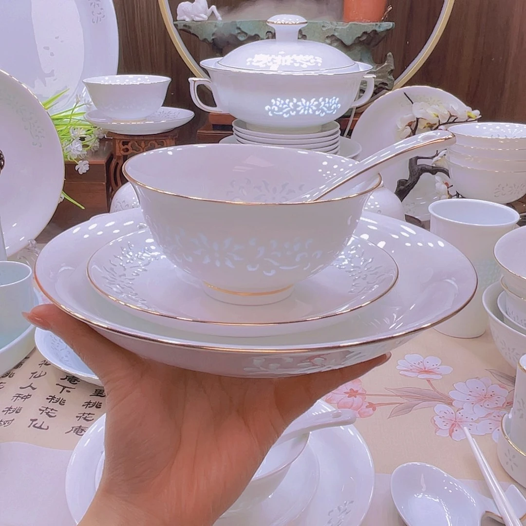 瓷景德镇玲珑餐具白色