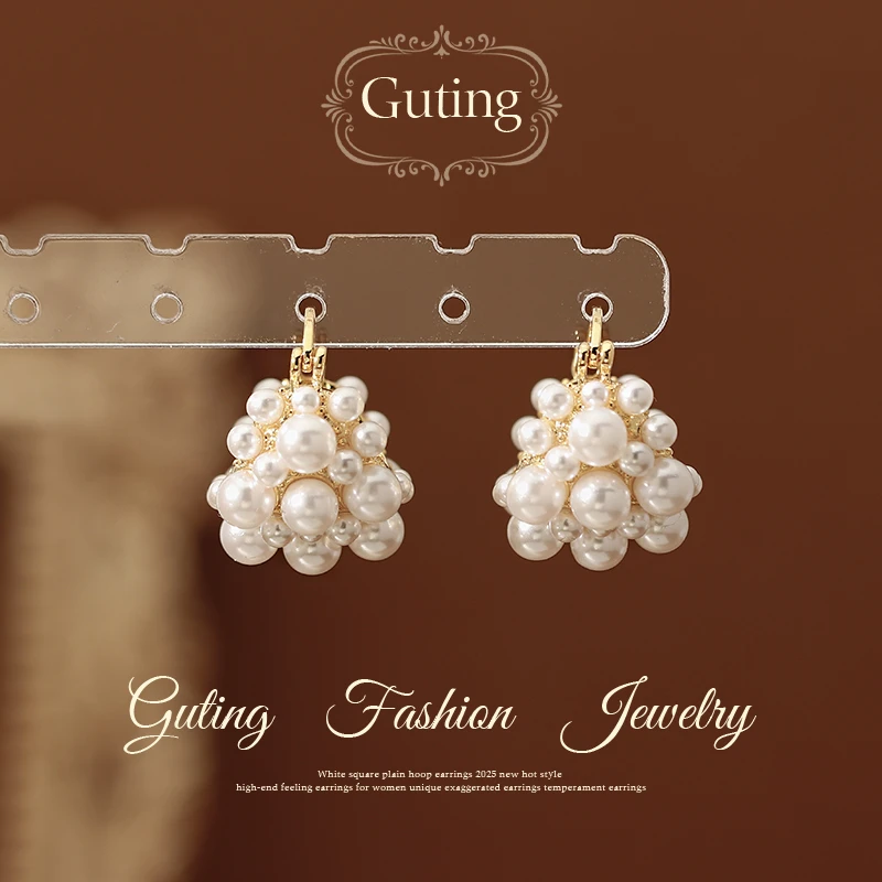 铜合金耳饰 21887金色珠珠耳扣女2025新款百搭独特漂亮耳环耳饰