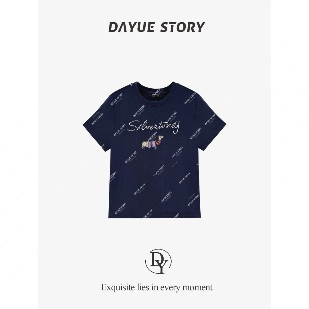 DAYUE【腊肠狗T】气质减龄~重工烫钻工艺!夏季圆领正肩时尚百搭T恤