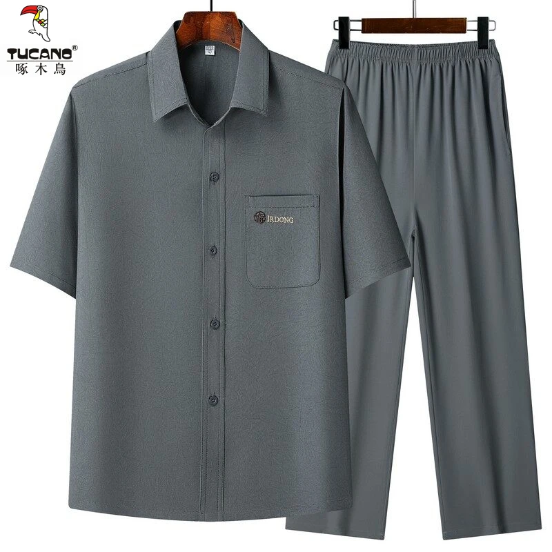 啄木鸟新中式爸爸夏装两件套中老年男士短袖衬衫薄款休闲透气套装