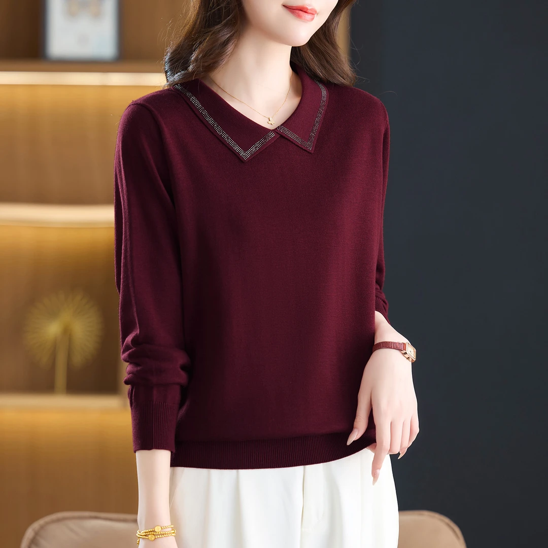 春秋翻领烫钻长袖薄款针织衫女百搭洋气套头时尚宽松上衣