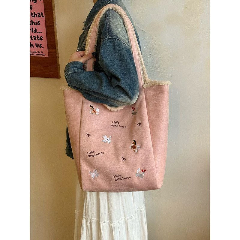 韩系卡通小马刺绣毛绒托特包女大容量双面背单肩包小众麂皮绒包