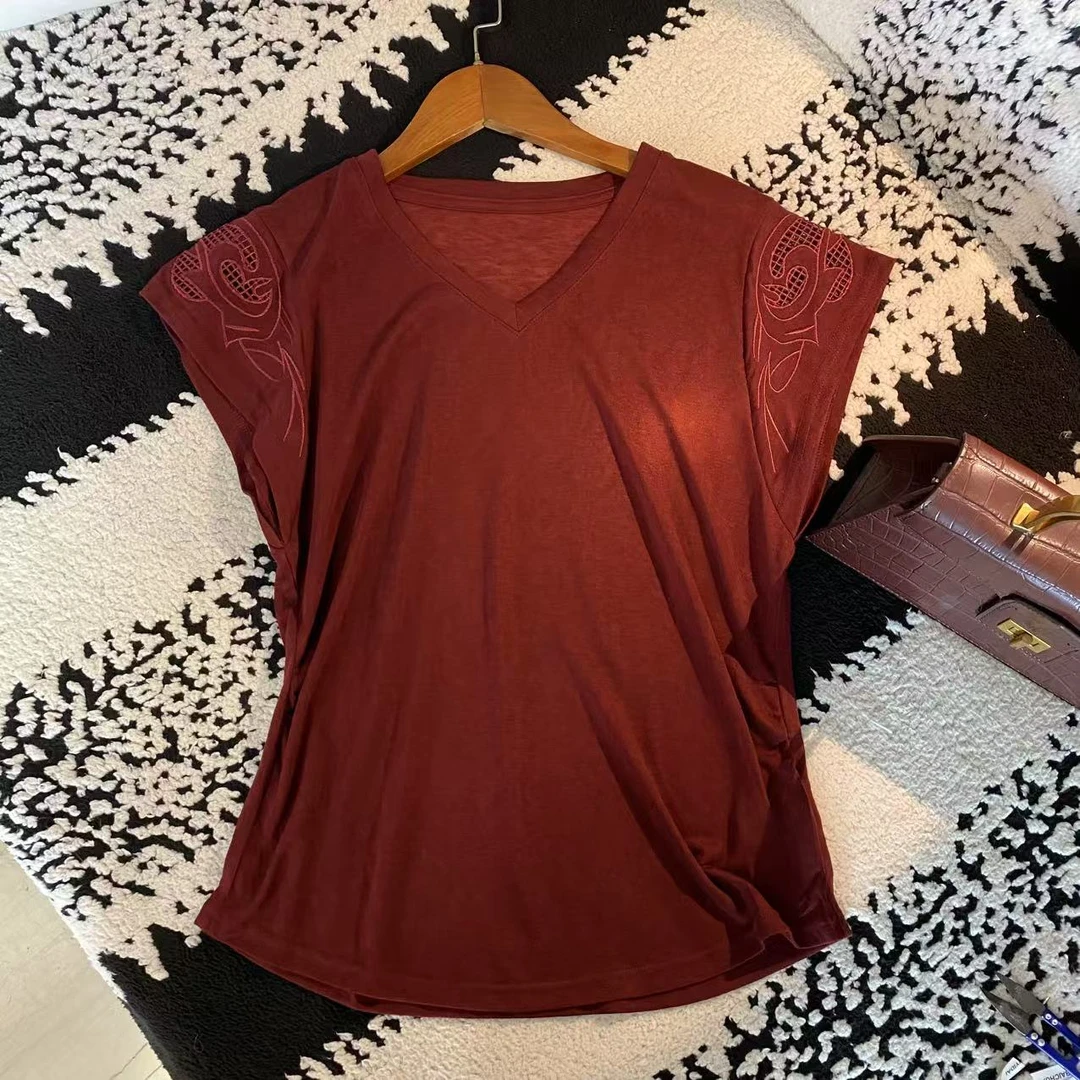 【K姐私家定制】年中-福利场-V领镂空纯色T恤重工刺绣上衣-A6183