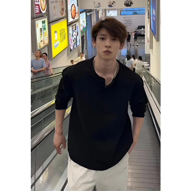 亨利领黑色长袖t恤男秋季穿搭cleanfit正肩上衣华夫格美式打底衫