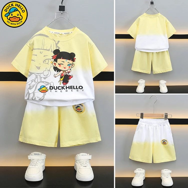 【小黄鸭专柜】儿童夏季哪吒卡通短袖套装新款男童中小童亮灯短裤