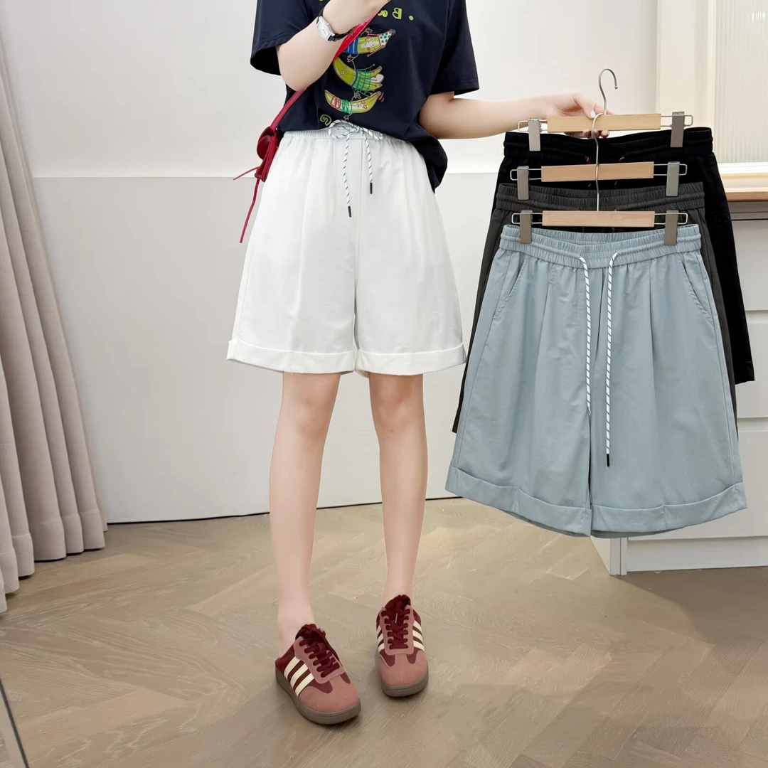 微胖大码松紧高腰纯色夏季薄款五分裤阔腿裤透气宽腿显瘦休闲短裤