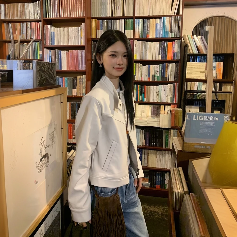 美式气质时尚白色皮衣女早秋季薄款小众设计感宽松休闲韩版短外套