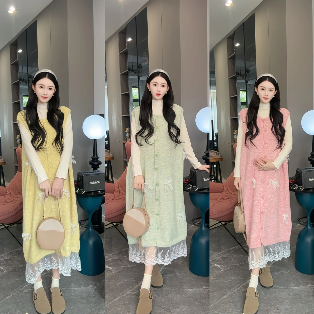 孕妇装秋冬新款时尚套装甜美减龄多巴胺显瘦背心马甲连衣裙两件套