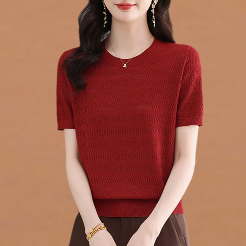 冰丝针织衫短袖t恤女装2025新款年轻妈妈夏装时尚洋气宽松上衣薄