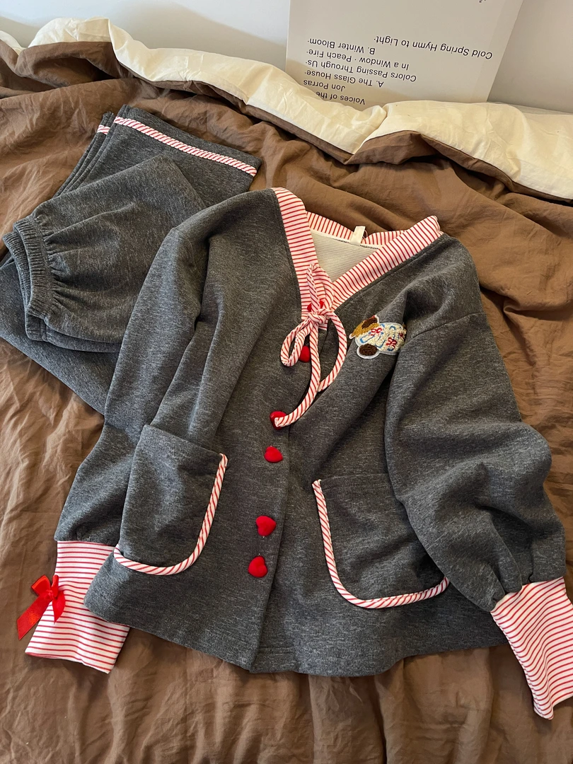 韩系条纹拼接撞色休闲假两件德绒睡衣女秋冬长袖长裤可外穿家居服