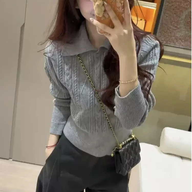毛衣女秋冬季法式慵懒风收腰polo翻领套头麻花打底针织衫内搭上衣