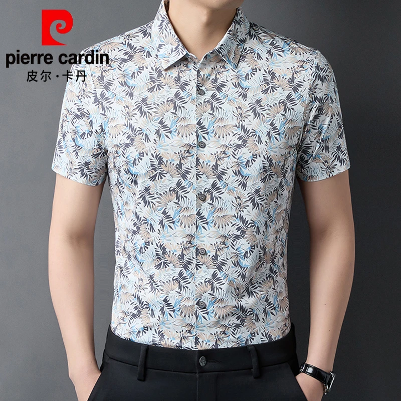 皮尔卡丹男士正品衬衫高档短袖夏季抗皱免烫无痕高弹印花冰丝衬衣