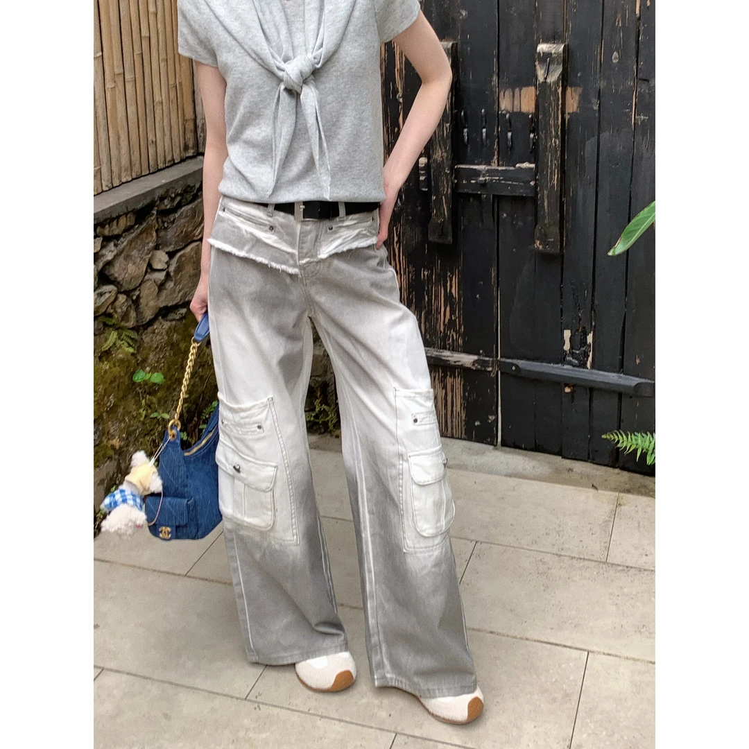 【痞痞松弛】X-96016 渐变扎染多口袋工装百搭显瘦牛仔裤（含腰带）