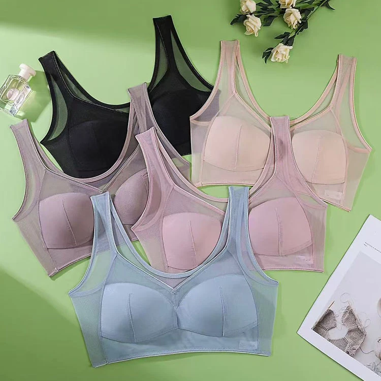 夏季新款网纱拼接超薄无钢圈透气胸罩大胸显小聚拢防副乳性感文胸